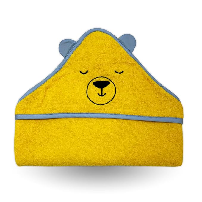 Kridlo 100% Cotton Terry Baby Hooded Towel for New Born, Super Soft Highly Absorbent GSM-550, Pack of 1, Size - 70 x70cm, 0-2 Years (Pack of 1, Yellow Bear)