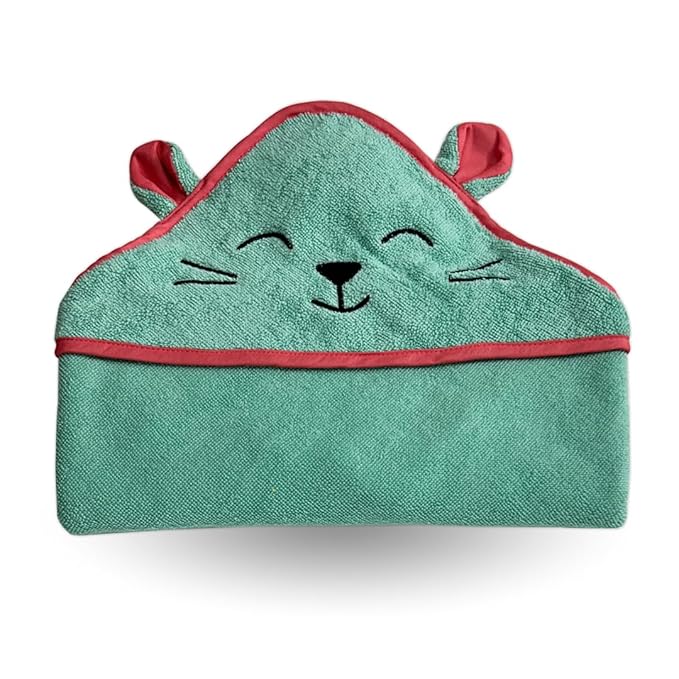 Kridlo 100% Cotton Terry Baby Hooded Towel for New Born, Super Soft Highly Absorbent GSM-550, Pack of 1, Size - 70 x70cm, 0-2 Years (Pack of 1, Minty Green Cat)
