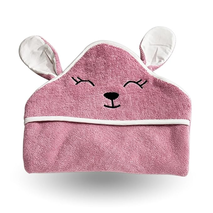 Kridlo 100% Cotton Terry Baby Hooded Towel for New Born, Super Soft Highly Absorbent GSM-550, Pack of 1, Size - 70 x70cm, 0-2 Years (Pack of 1, Mauve Rabbit)