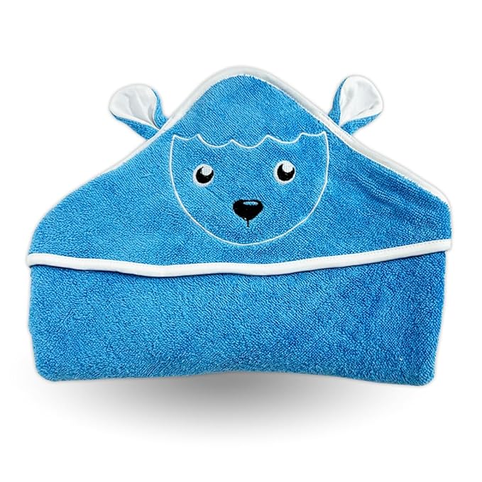 Kridlo 100% Cotton Terry Baby Hooded Towel for New Born, Super Soft Highly Absorbent GSM-550, Pack of 1, Size - 70 x70cm, 0-2 Year (Pack of 1, Blue Sheep)