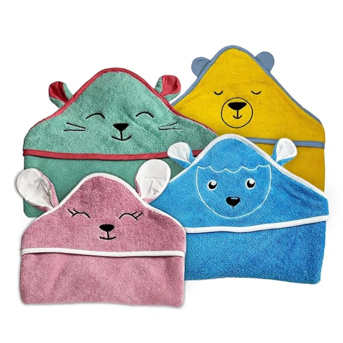 Kridlo 100% Cotton Terry Baby Hooded Towel for New Born, Super Soft Highly Absorbent GSM-550, Pack of 4, Size - 70 x70cm, 0-2 Years (Blue Sheep_Yellow Bear_Mauve Rabbit_Minty Green Cat)